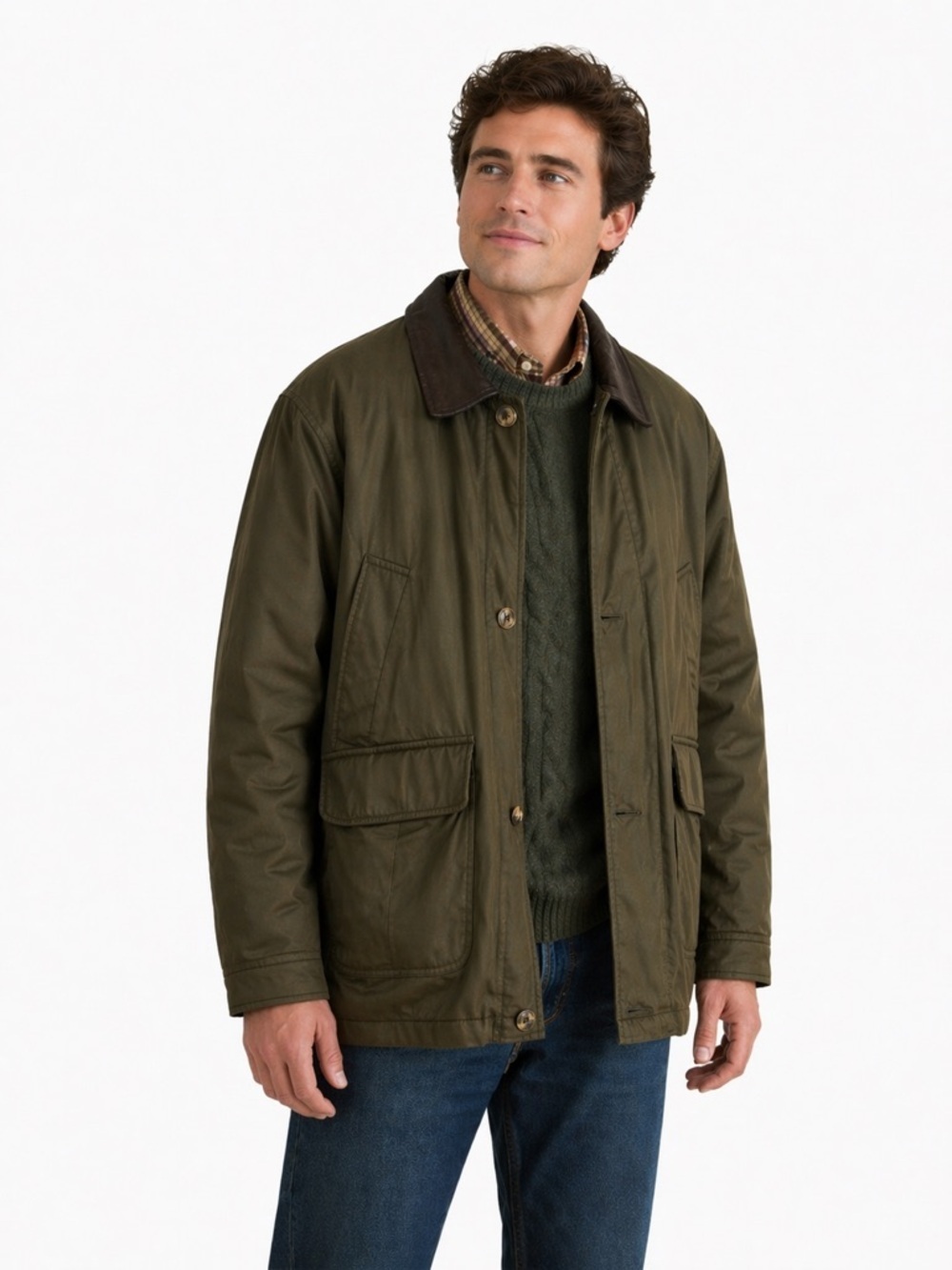 Vintage men’s canvas chore coat leather collar large barn work long oversized - Picture 1 of 11
